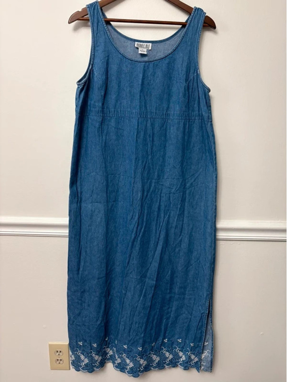 Vintage Robbie Bee Chambray Denim Maxi Dress Size 12 Embroidered Cottagecore